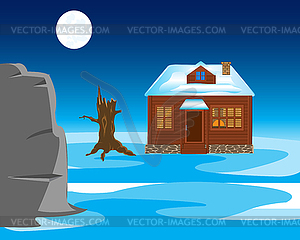 Winter landscape with house - color vector clipart