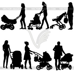 Silhouettes walkings mothers with baby strollers. - vector clip art