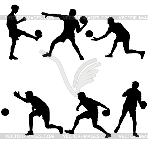 Set silhouettes of soccer players with ball. - vector image