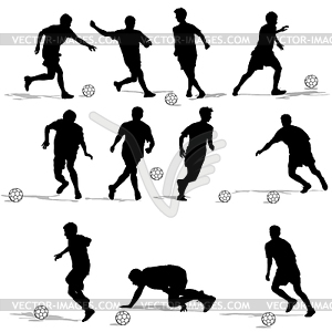 Silhouettes of soccer players with ball - vector clip art