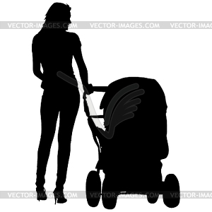 Silhouettes walkings mothers with baby strollers. - vector image