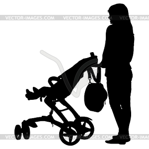 Силуэты прогулками матерей с детскими колясками. - векторный клипарт / векторное изображение