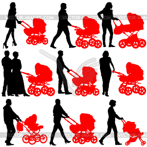 Силуэты прогулками матерей с детскими колясками. - клипарт в векторном виде