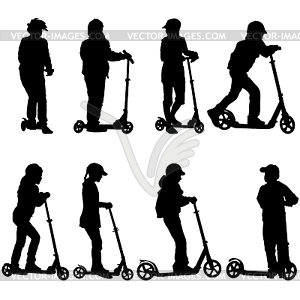 Set of silhouettes of children riding on scooters. - vector clip art