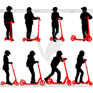 Set of silhouettes of children riding on scooters. - vector clipart