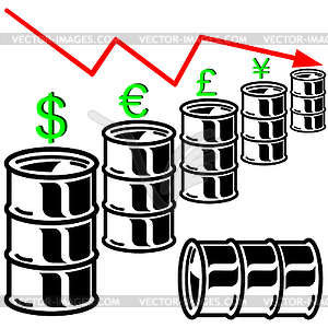 Oil barrel graph with red arrow pointing down. - vector clipart