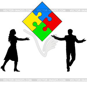 Jigsaw puzzle hold silhouettes of men and women. - vector image