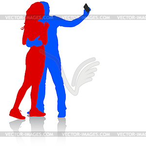 Silhouettes man and woman taking selfie with - vector clip art