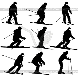 Mountain skier men and woman speeding down slope. - white & black vector clipart