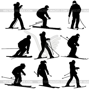 Mountain skier men and woman speeding down slope. - vector clipart