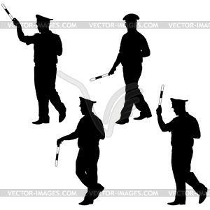 Black silhouettes of Police officer with rod - vector image