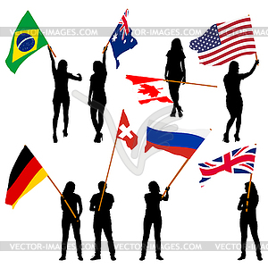 Черные силуэты мужчин и женщин с флагами - иллюстрация в векторе