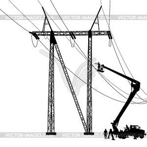 Electrician, making repairs at power pole - vector clipart