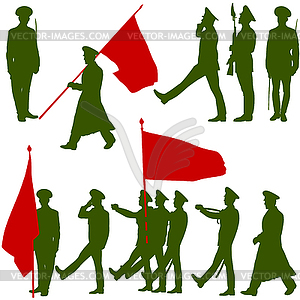 Silhouette military people with flags collection. - vector clipart