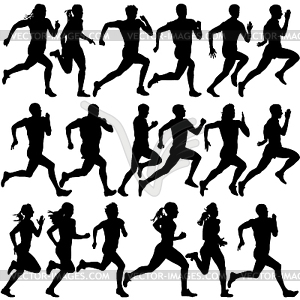 Set of silhouettes. Runners on sprint, men.  - vector image