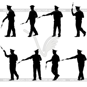 Установите черные силуэты Полицейский со стержнем - изображение в векторе