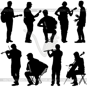 Silhouettes street musicians playing instruments - vector clipart