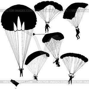 Set skydiver, silhouettes parachuting - vector clip art