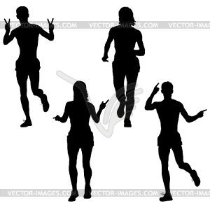 Set of silhouettes. Runners on sprint men and woman - vector image