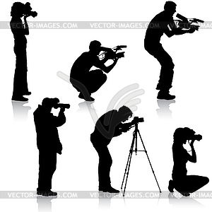 Set cameraman with video camera. Silhouettes - vector clip art