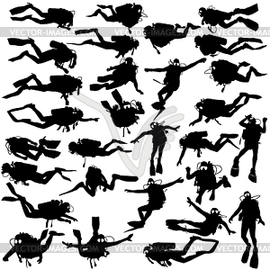 Set black silhouette scuba divers - vector image