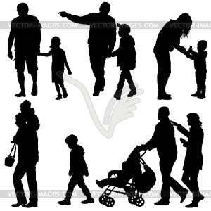 Set black silhouettes Family with pram - vector image