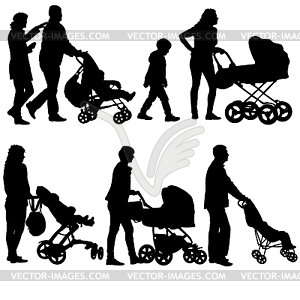 Set black silhouettes Family with pram - stock vector clipart