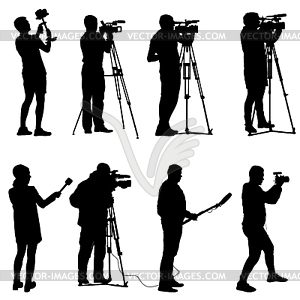 Set cameraman with video camera. Silhouettes - vector clipart