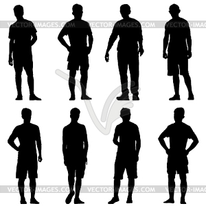 Set Black silhouette man standing, people - vector image