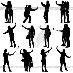 Set silhouettes man and woman taking selfie with - vector clip art