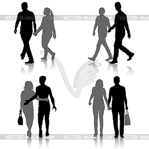 Set Silhouette man and woman walking hand in hand - vector image