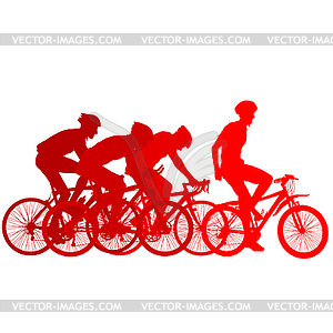 Silhouettes of racers on bicycle, fight at finish - vector image