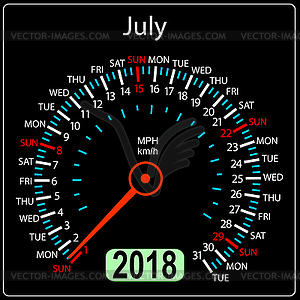 Year 2018 calendar speedometer car in concept. July - vector image