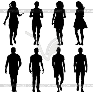 Black silhouette group of people standing in variou - vector clip art