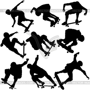 Set black silhouette of an athlete skateboarder in - vector clipart