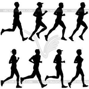 Set of silhouettes. Runners on sprint, man and woman - vector clip art