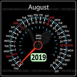 2019 year calendar speedometer car August - vector clipart