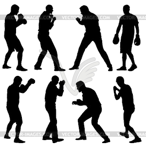 Черный набор силуэт спортсмена боксера - изображение векторного клипарта