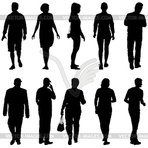 Black silhouette group of people standing in variou - vector image