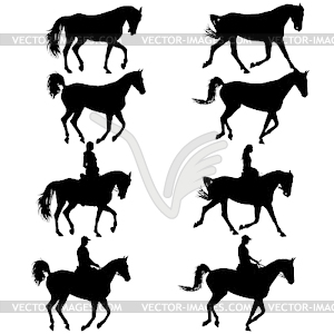 Set black silhouette of horse and jockey - vector image