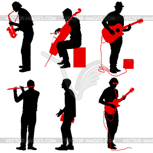 Silhouettes street musicians playing instruments - vector image