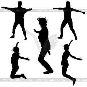 Силуэт молодых людей, прыгает с поднятыми руками, - графика в векторном формате