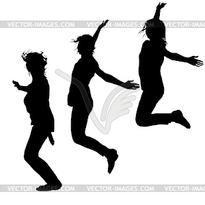 Silhouette of three young girls jumping with hands - vector clipart