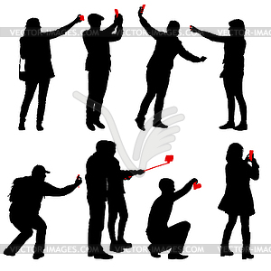 Set silhouettes man and woman taking selfie with - vector clip art