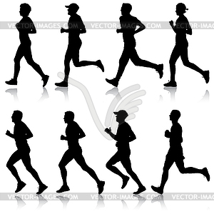 Set of silhouettes. Runners on sprint, man and woman - vector clipart / vector image