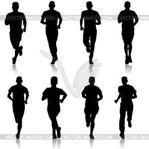 Set of silhouettes. Runners on sprint, man - vector image