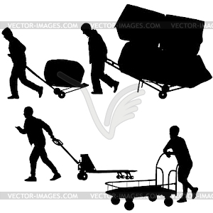 Set black silhouette hard worker pushing wheelbarro - vector image