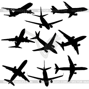 Set of silhouettes of planes of different eras - vector image