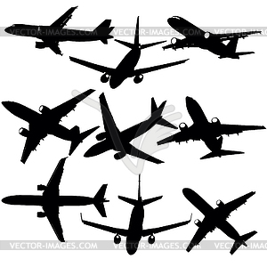 Set of silhouettes of planes of different eras - vector clipart