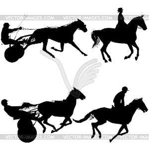 Set black silhouette of horse and jockey - vector image